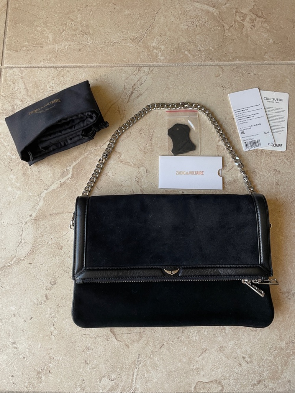 Authentic Zadig & Voltaire Black Suede Chain-Handle Shoulder Bag